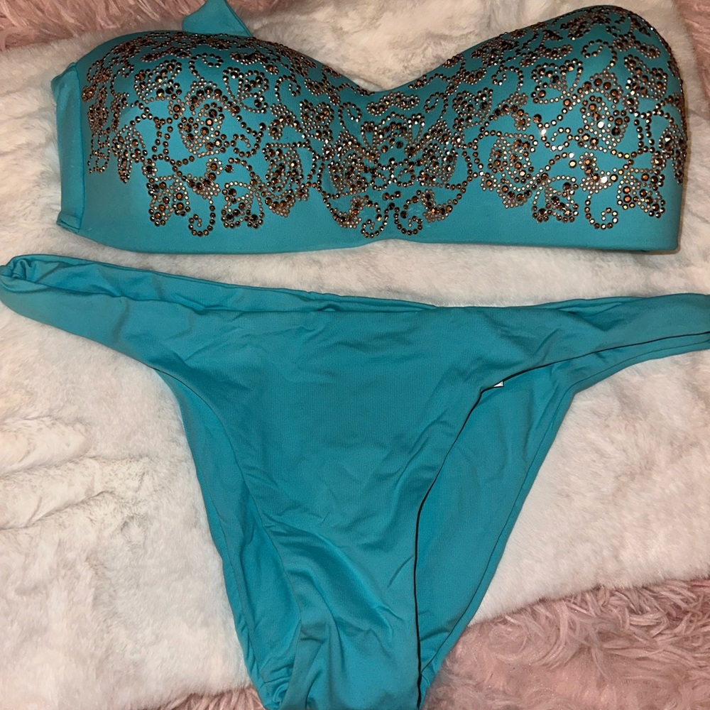 Via Delle Perle Bandeau Turquoise Swimwear with Gold Accents